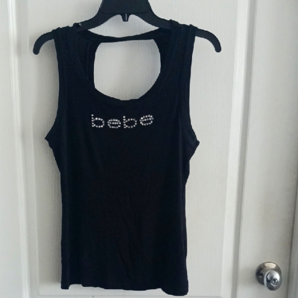 Bebe Black Tank Top with Rhinestone Logo Sz L